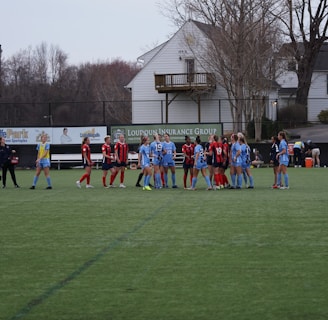 A group of female soccer players is standing on a green field. Two teams wearing different uniforms, one in red and black, and the other in blue, appear to be interacting before or after a game. There is a row of advertising boards and a residential area with trees in the background.